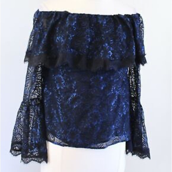 White House Black Market Navy Blue Black Lace Bell Sleeve Off The Shoulder Top - Picture 4 of 12